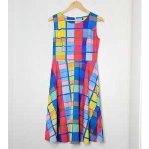 Multicolor Geometric Square Mixed Pattern Cotton Blend Sleeveless A-Line Dress M